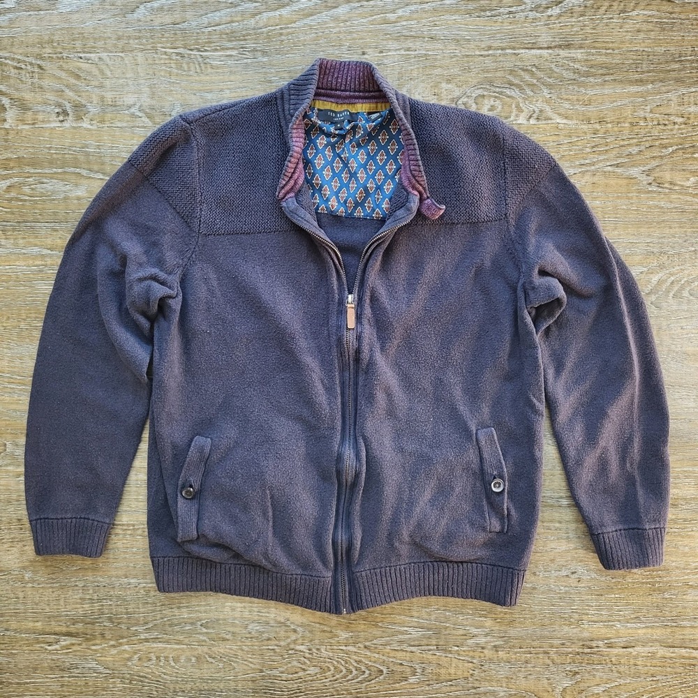 Ted Baker London Mens Full Zip Cardigan Sweater Purple Textured Yoke Size 6 XXL